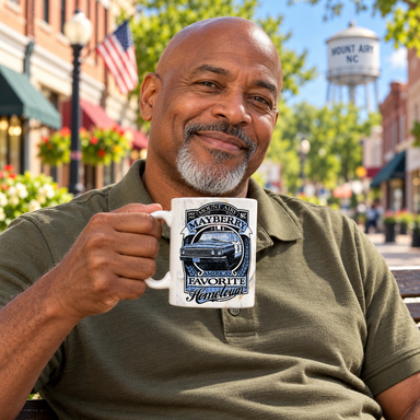 Model enjoying coffee with America's Favorite Hometown Mug - 1962 Design on Mayberry Main Street