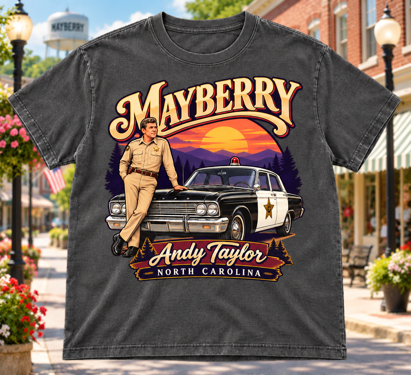 Mayberry Andy Taylor Squad Car T-Shirt – Washed Gray with a Mayberry Main Street background