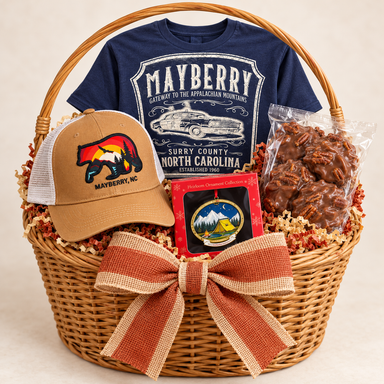 Appalachian Mountain Memories in a Natural honey tall round wicker basket with a bentwood arch handle — styled preview