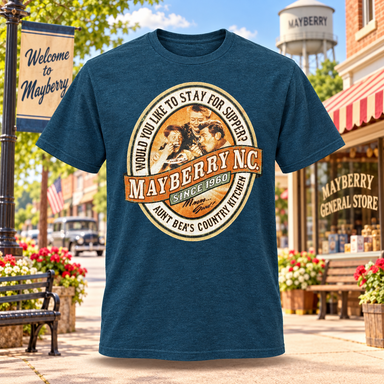 Heather Navy Aunt Bea’s Country Kitchen Mayberry Tee showing the front design
