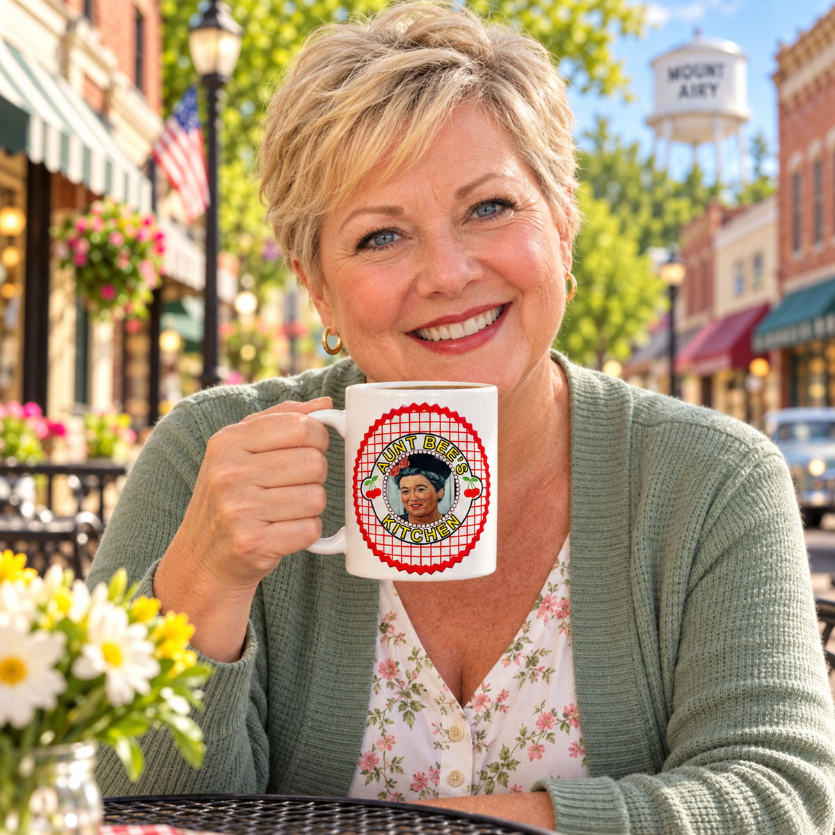 Model enjoying coffee with Aunt Bee's Kitchen Cherry Gingham Mug on Mayberry Main Street