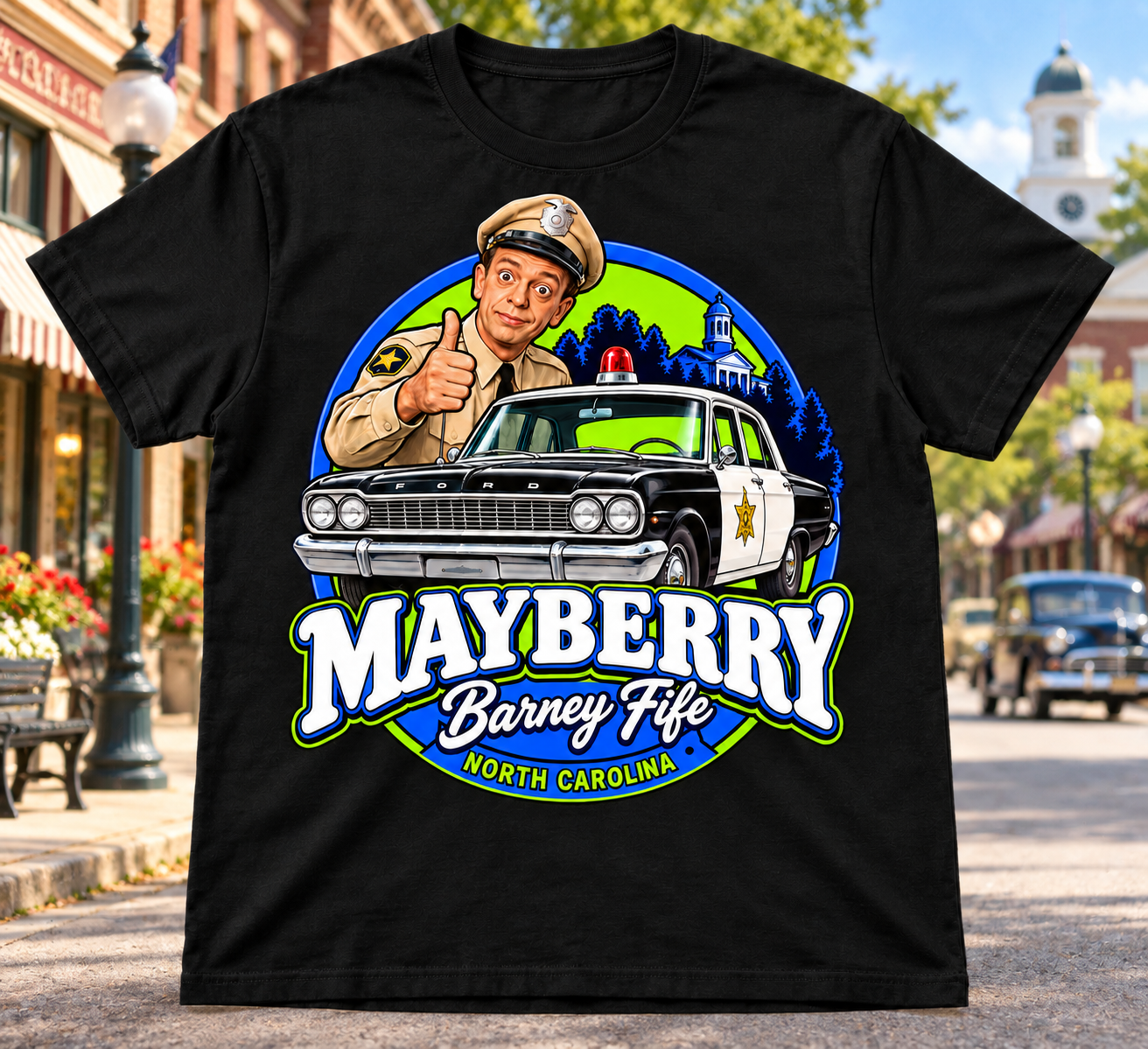 Mayberry Barney Fife Squad Car T-Shirt – Black with Mayberry Main Street background