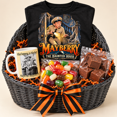 Barney's Haunted House gift in a charcoal gray high-back wicker basket with a black T-shirt, mug, barrel candy, and chocolate fudge — styled preview