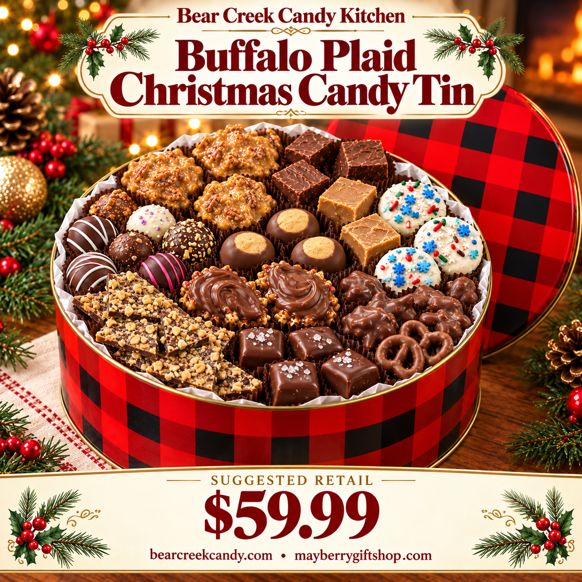 Buffalo Plaid Christmas Candy Tin filled with assorted Bear Creek candy in a Christmas scene; $59.99.