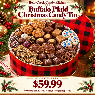 Buffalo Plaid Christmas Candy Tin filled with assorted Bear Creek candy in a Christmas scene; $59.99.