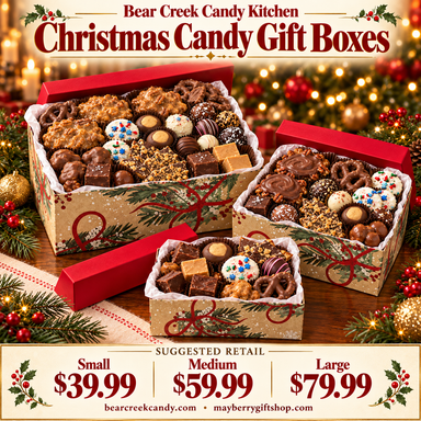 Small, medium and large Christmas gift boxes filled with Bear Creek candy, priced $39.99, $59.99 and $79.99.