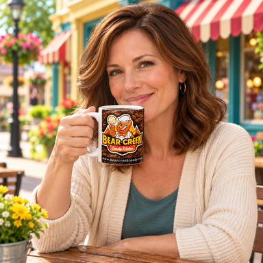 Woman enjoying coffee with the Bear Creek Candy Kitchen Logo Mug on Main Street