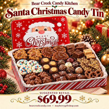 Santa Christmas Candy Tin filled with assorted Bear Creek candy in a Christmas scene; $69.99.