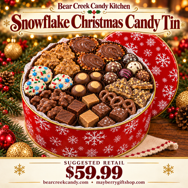 Snowflake Christmas Candy Tin filled with assorted Bear Creek candy in a Christmas scene; $59.99.