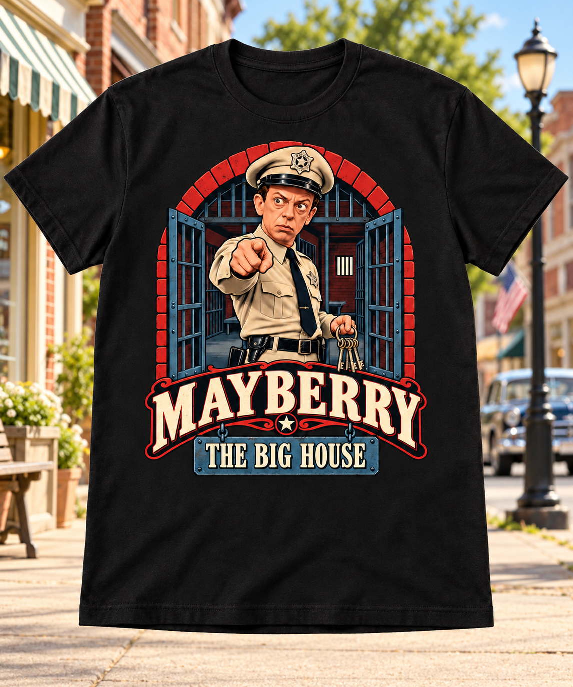Mayberry The Big House T-Shirt – Black with Mayberry Main Street background