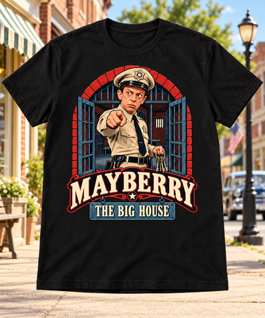 Mayberry The Big House T-Shirt – Black with Mayberry Main Street background
