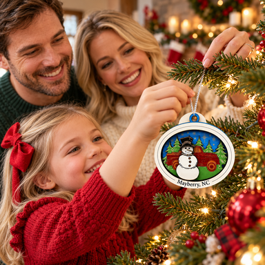 Parents and daughter hanging the Mayberry snowman and red truck ornament on a Christmas tree