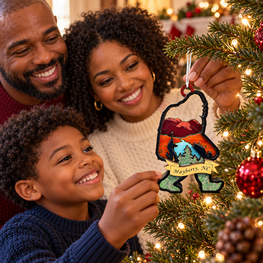 Parents and child decorating a Christmas tree with Mayberry Souvenir Ornament 02