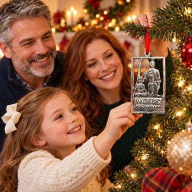 Parents and child decorating a Christmas tree with Mayberry Souvenir Ornament 06