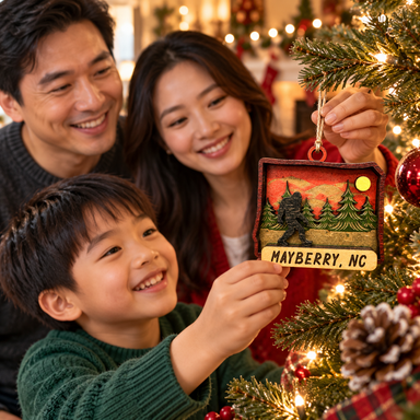 Parents and child decorating a Christmas tree with Mayberry Souvenir Ornament 04