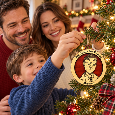 Parents and child decorating a Christmas tree with Mayberry Souvenir Ornament 03