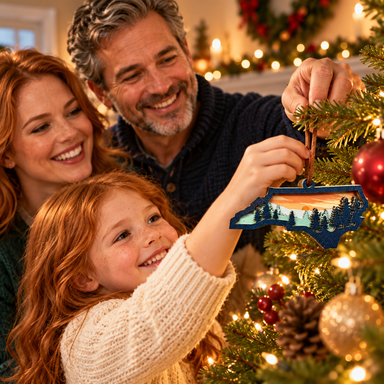 Parents and child decorating a Christmas tree with Mayberry Souvenir Ornament 07