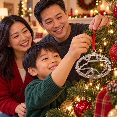 Parents and child decorating a Christmas tree with Mayberry Souvenir Ornament 08