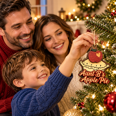 Parents and child decorating a Christmas tree with Mayberry Souvenir Ornament 10