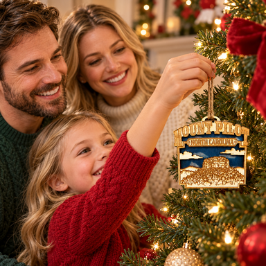 Parents and child decorating a Christmas tree with Mayberry Souvenir Ornament 11