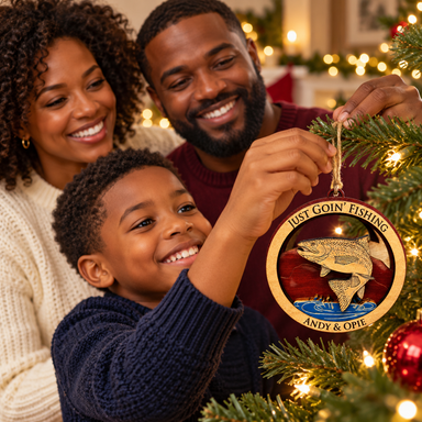 Parents and child decorating a Christmas tree with Mayberry Souvenir Ornament 12