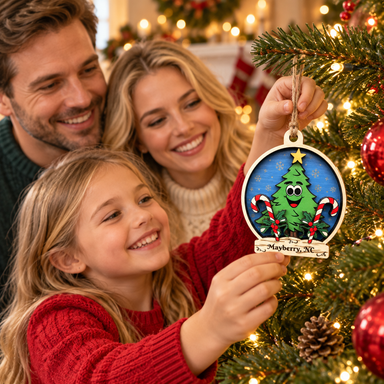 Parents and child decorating a Christmas tree with Mayberry Souvenir Ornament 15