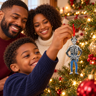 Parents and child decorating a Christmas tree with Mayberry Souvenir Ornament 17