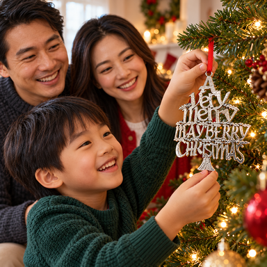 Parents and child decorating a Christmas tree with Mayberry Souvenir Ornament 18