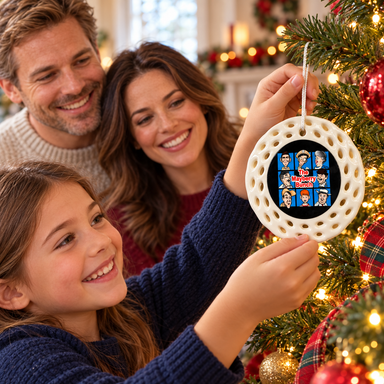Parents and child decorating a Christmas tree with The Mayberry Bunch Ceramic Ornament