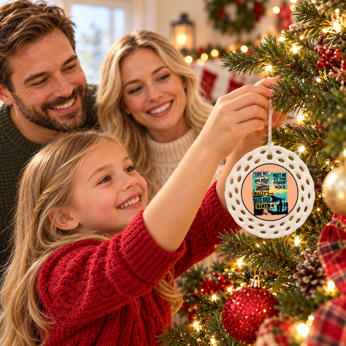 Parents and child decorating a Christmas tree with Meet Me at the Fishin’ Hole Ceramic Ornament