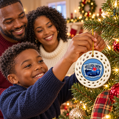 Parents and child decorating a Christmas tree with Mayberry Original Hometown Squad Car Ceramic Ornament