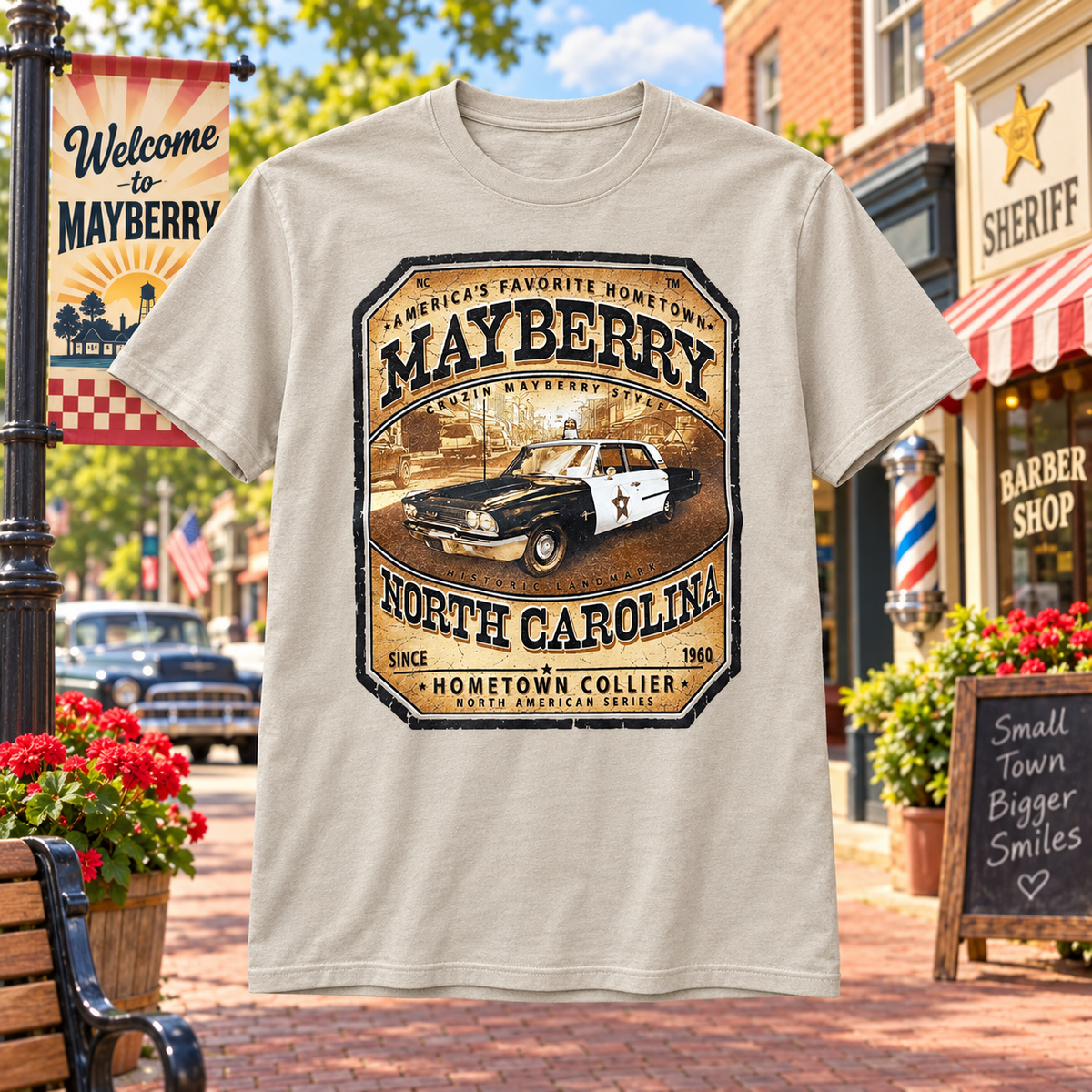 Natural Cruzin’ Mayberry Style Squad Car Tee showing the front design