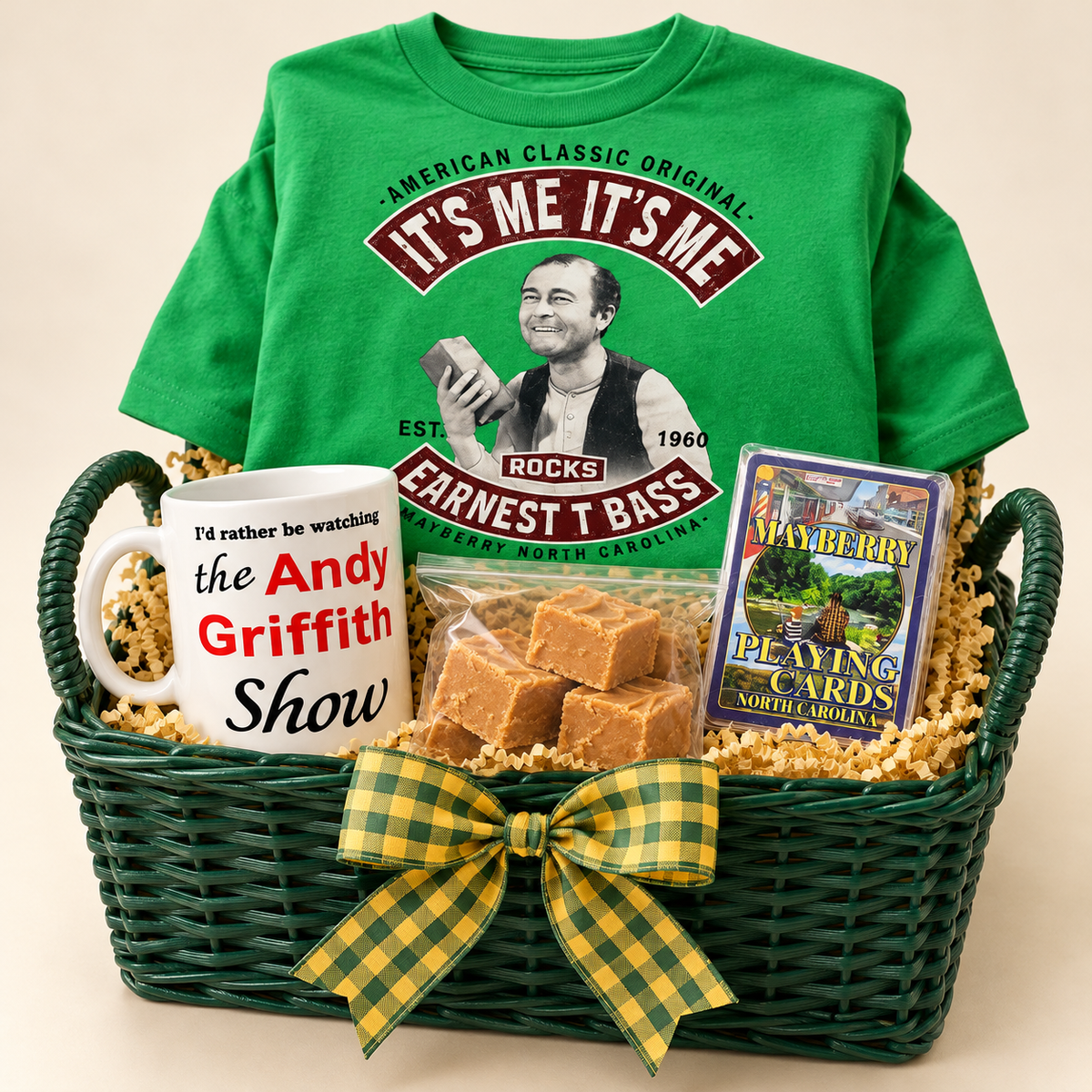 Ernest T.'s Rockin' Treats in a Forest green square wicker basket with two rounded side handles — styled preview