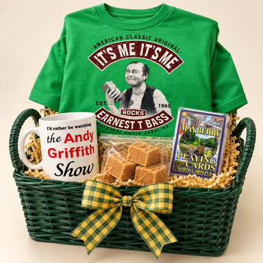 Ernest T.'s Rockin' Treats in a Forest green square wicker basket with two rounded side handles — styled preview