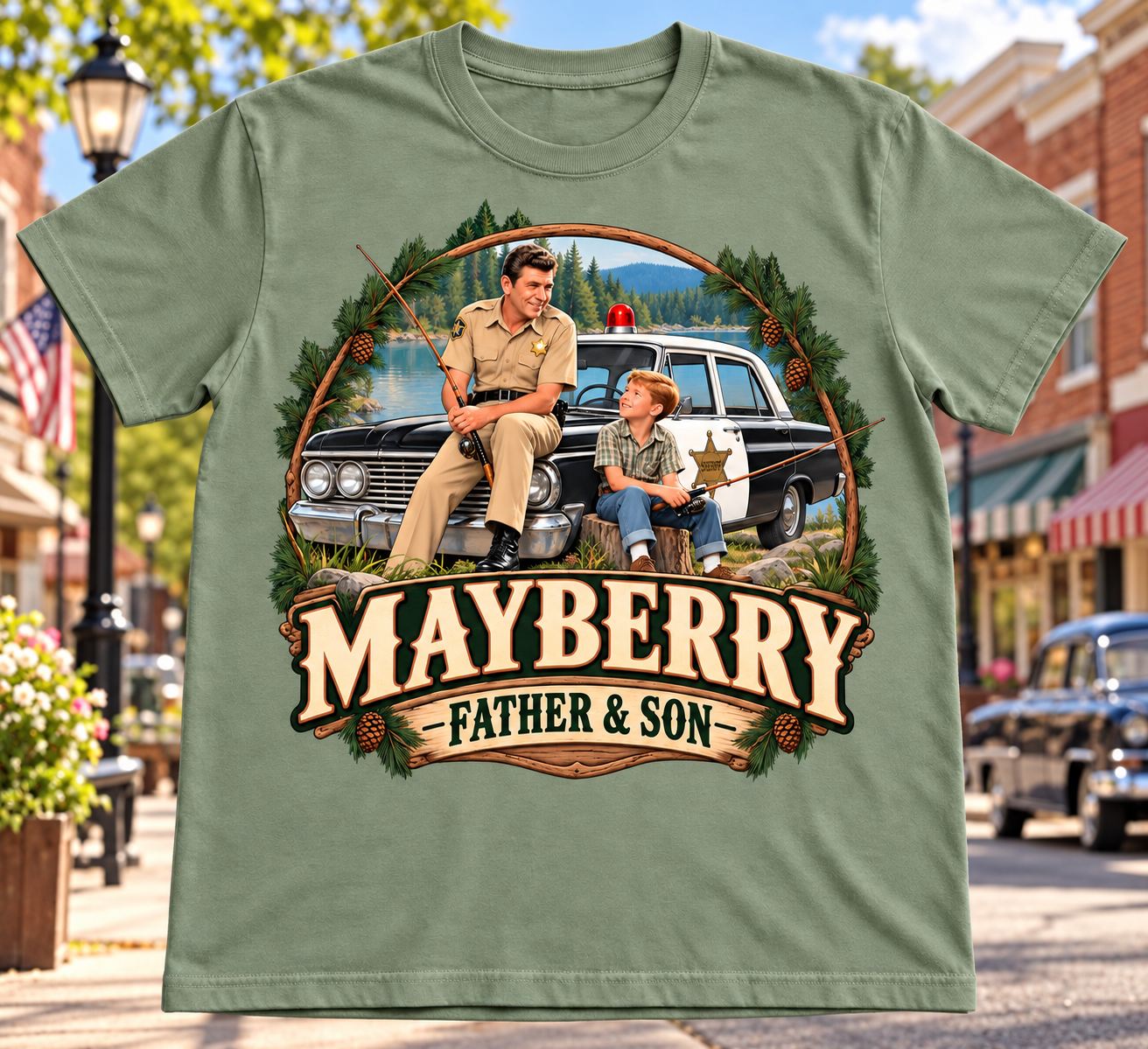 Mayberry Father & Son Fishing T-Shirt – Sage Green with Mayberry Main Street background