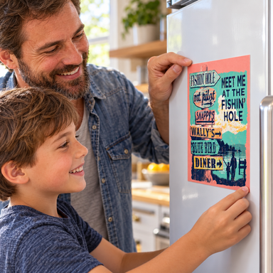 Father and son applying the Meet Me at the Fishin' Hole sticker to a refrigerator.