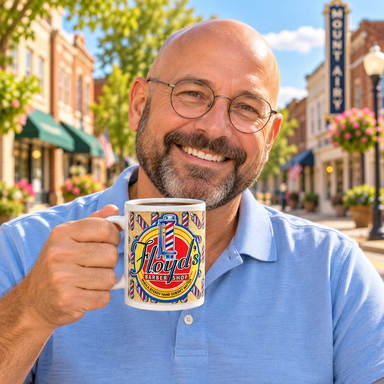 Model enjoying coffee with Floyd's Barber Shoppe Mug on Mayberry Main Street