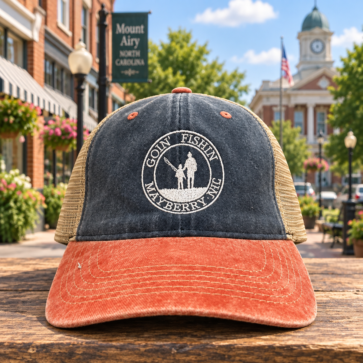 Navy and orange Goin’ Fishin’ Mayberry hat