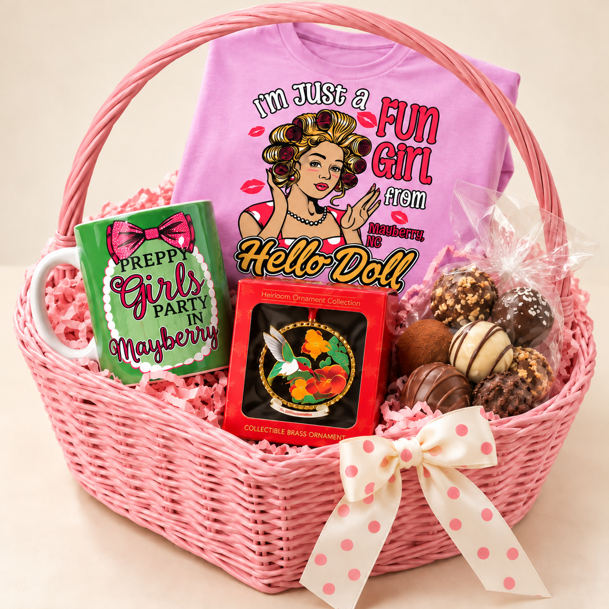 Hello Doll Sweetheart in a Blush pink heart-shaped wicker basket with one arched handle — styled preview