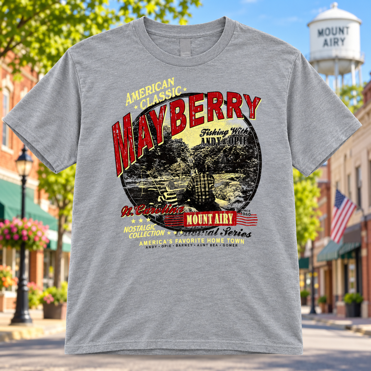 Mayberry American Classic Fishing T-Shirt in Heather Gray against a bright Mayberry Main Street background
