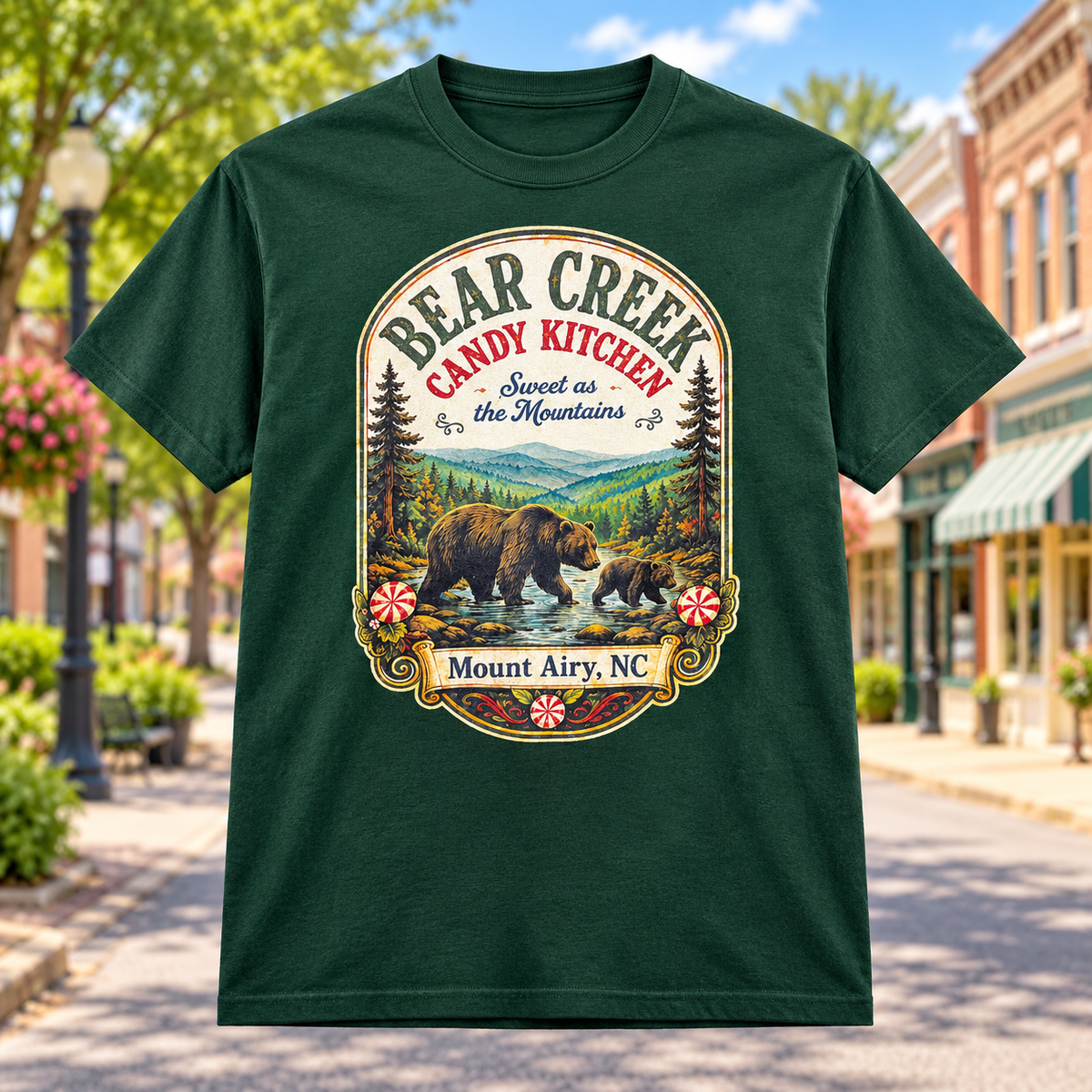 Bear Creek Candy Kitchen Mountain Bear T-Shirt in Forest Green against a bright Mayberry Main Street background