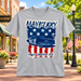 Mayberry North Carolina Squad Car Flag T-Shirt in Heather Gray against a bright Mayberry Main Street background