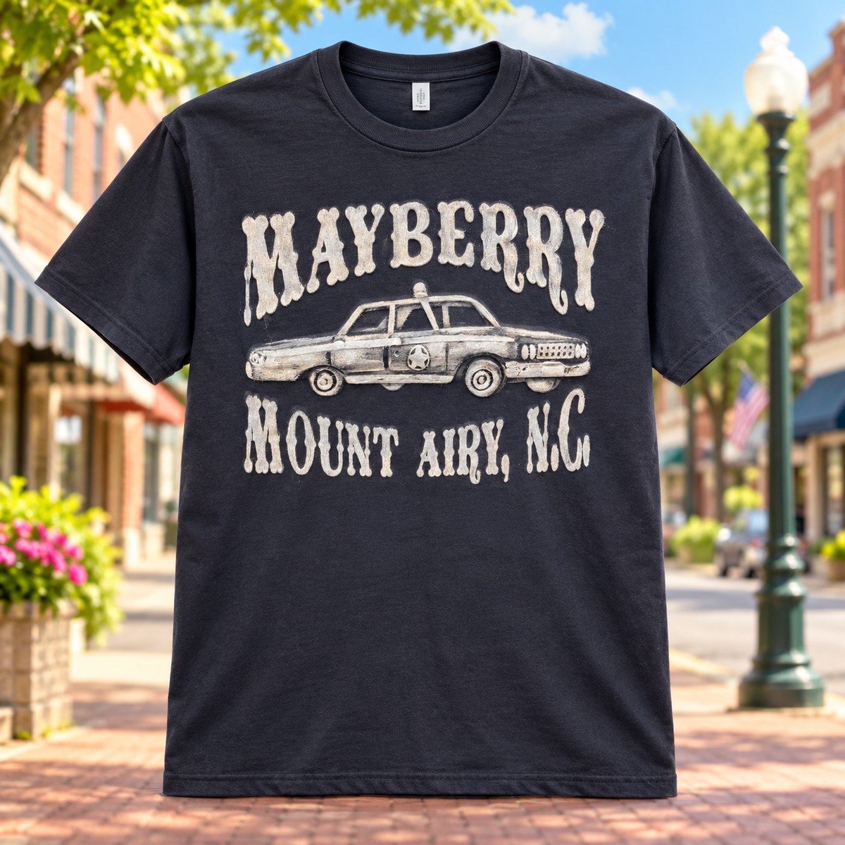 Mayberry Mount Airy Squad Car T-Shirt in Charcoal against a bright Mayberry Main Street background