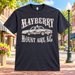 Mayberry Mount Airy Squad Car T-Shirt in Charcoal against a bright Mayberry Main Street background