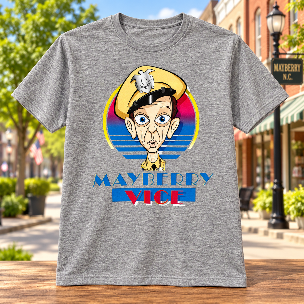 Mayberry Vice T-Shirt in Heather Gray against a bright Mayberry Main Street background