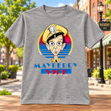 Mayberry Vice T-Shirt in Heather Gray against a bright Mayberry Main Street background