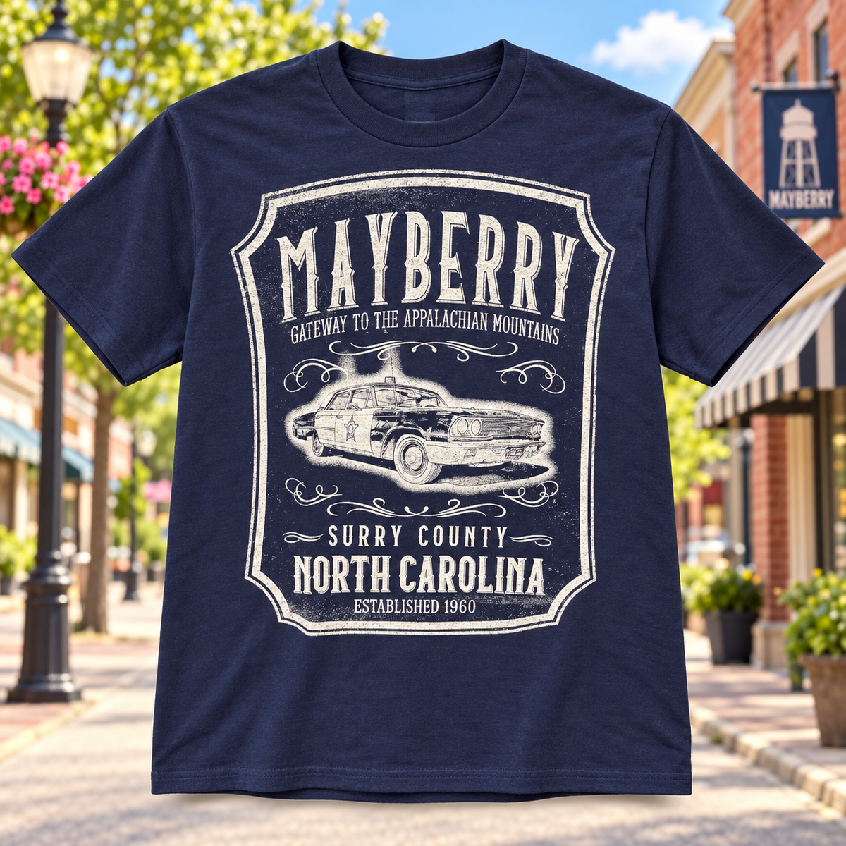 Mayberry Gateway to the Appalachian Mountains T-Shirt in Navy against a bright Mayberry Main Street background
