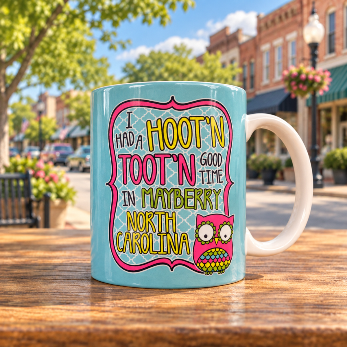 Hootin' Tootin' Good Time in Mayberry owl mug