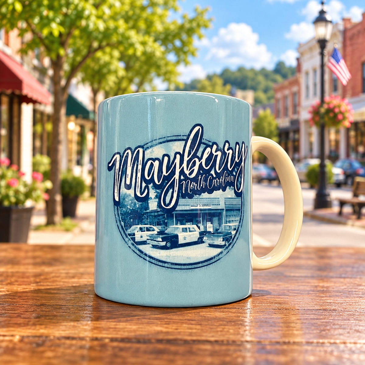Mayberry North Carolina Main Street blue mug