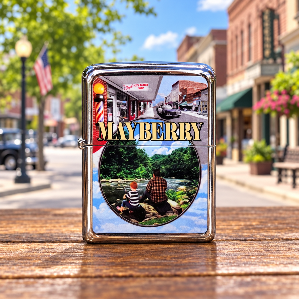 Mayberry Main Street and fishing hole chrome lighter
